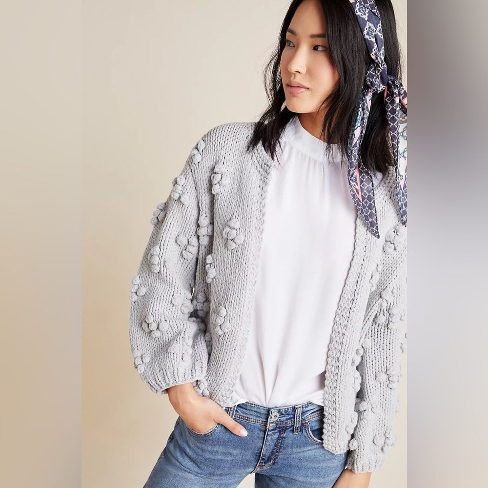 Callahan Knitwear Bisou Puff Sleeve Cardigan in Grey S